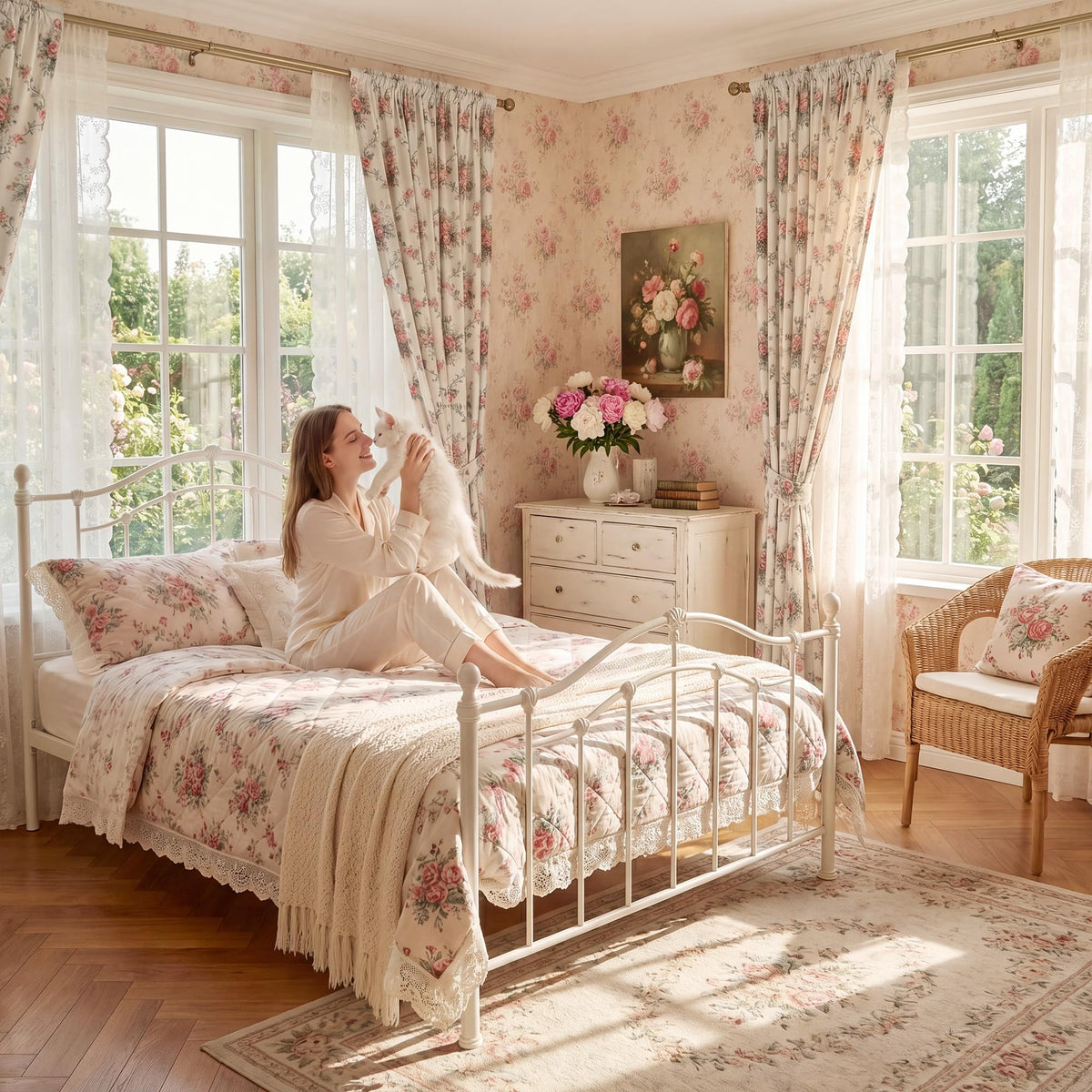StangH French Country Rose Floral Velvet Curtains, Cream Shabby Chic Ribbon Bow Printed Window Drapes Romantic Privacy Panels for Girls Room Nursery, W52 x L84, 2 Panels
