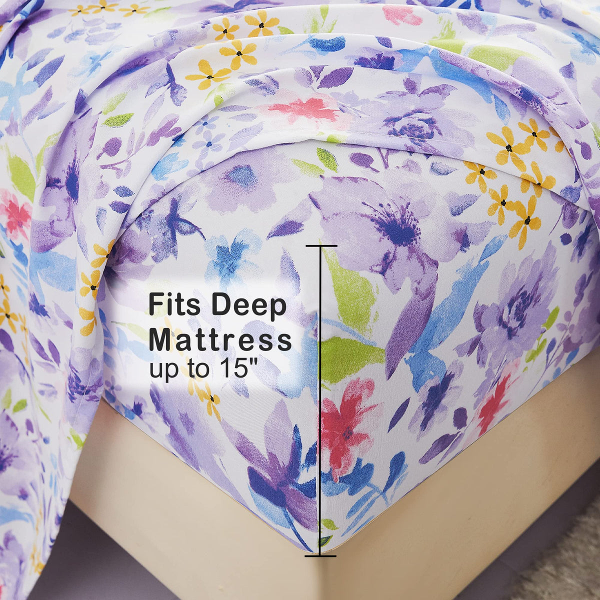 Mooreeke Floral Full Sheets, Soft Breathable Microfiber Vintage Printed Bed Sheet Set, Deep Pocket Non-Slip Fitted Sheet Included, Purple Flower Pattern