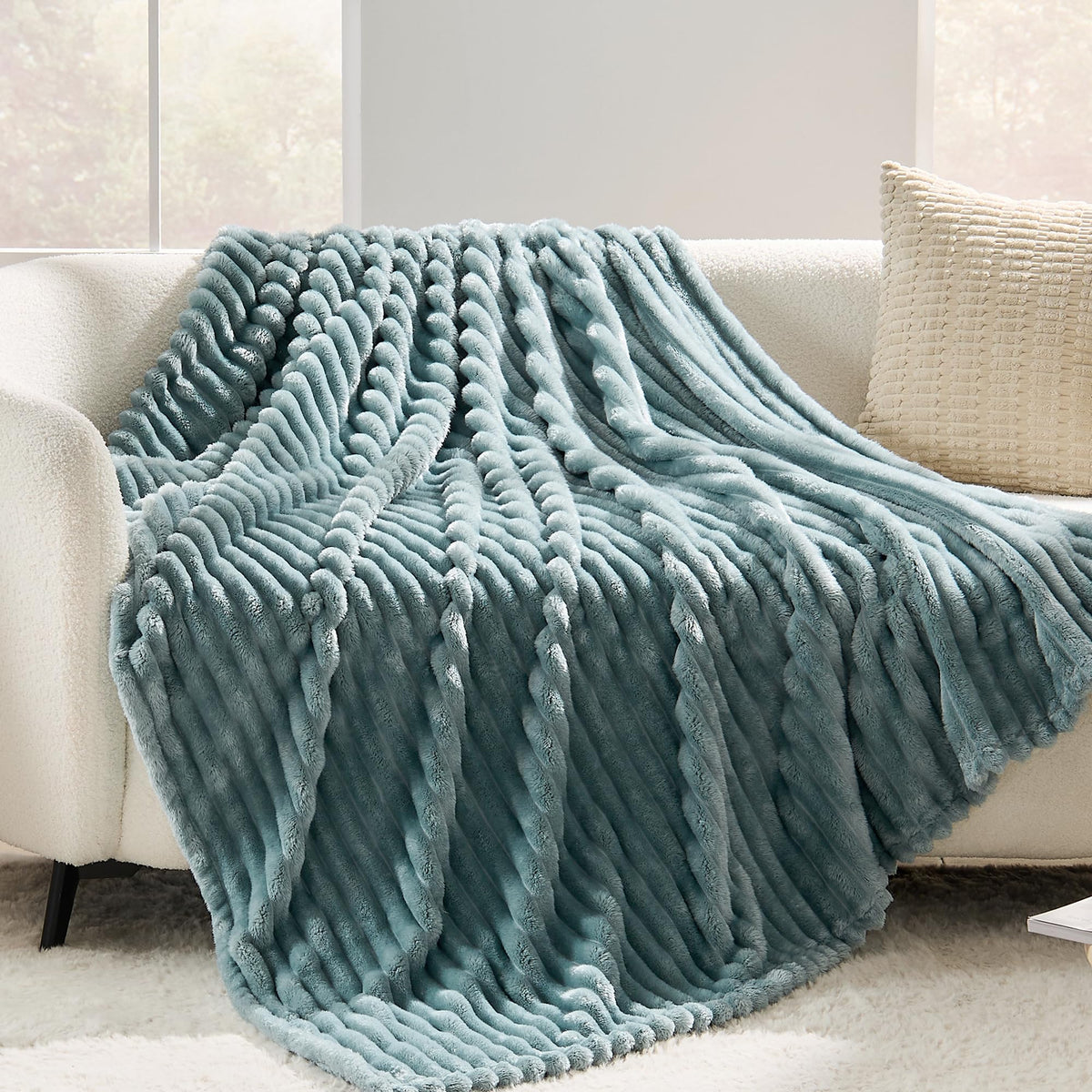 SUPRYNEX Dusty Blue Striped Throw Blanket, 330GSM Soft Plush Fleece Blanket for Couch Sofa Travel, Decorative Cozy Giftable Home Blanket, 50x70 Inches