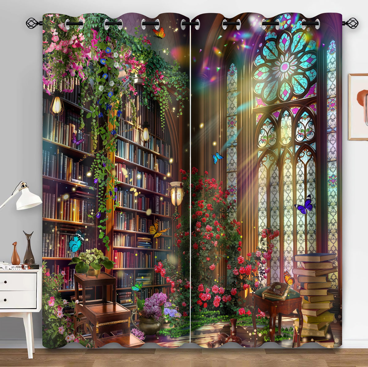 HIYSMT Fantasy Library Blackout Curtains,Magic Book Bookshelf Butterfly Print Curtain,5284inch Medieval Stained Glass Fairy Tale Floral Drapes for Bedroom Living Room 2Panel HI046YL