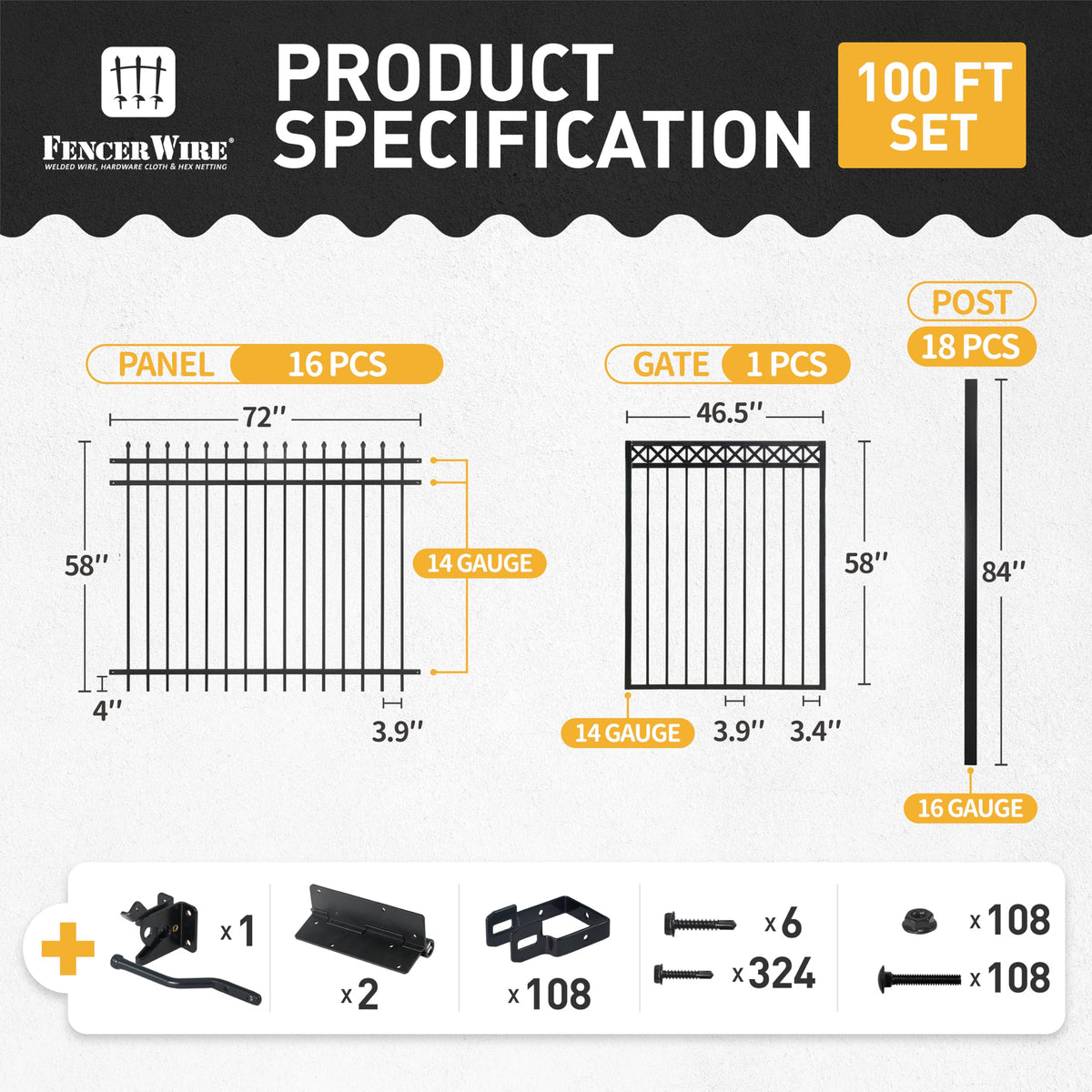Fencer Wire 100FT Heavy Duty Pinnacle Fence Barrier Kit, Anti-Rust Metal Steel Fence with 5FT Height X 6FT Width Panels, with Decorative Gate, Posts, Connectors, Outdoor Fencing for Yard