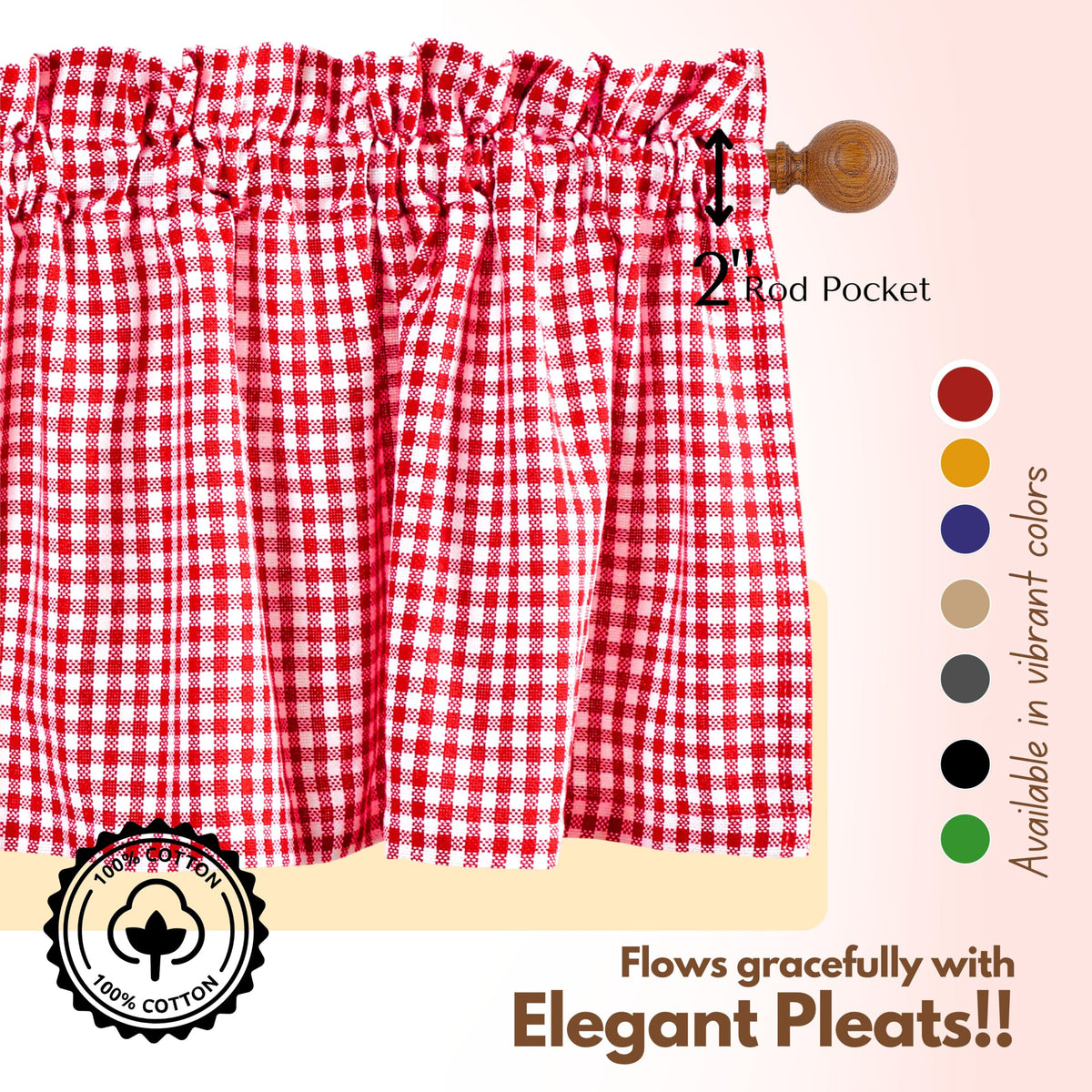 Native Fab Gingham Check 3 Pieces Window Curtain Tiers 26"x36" and Valance 54"x18" Set - Rod Pocket - Semi Sheer - Farmhouse Small Curtain for Kitchen, Bedroom, Living Room - Red and White