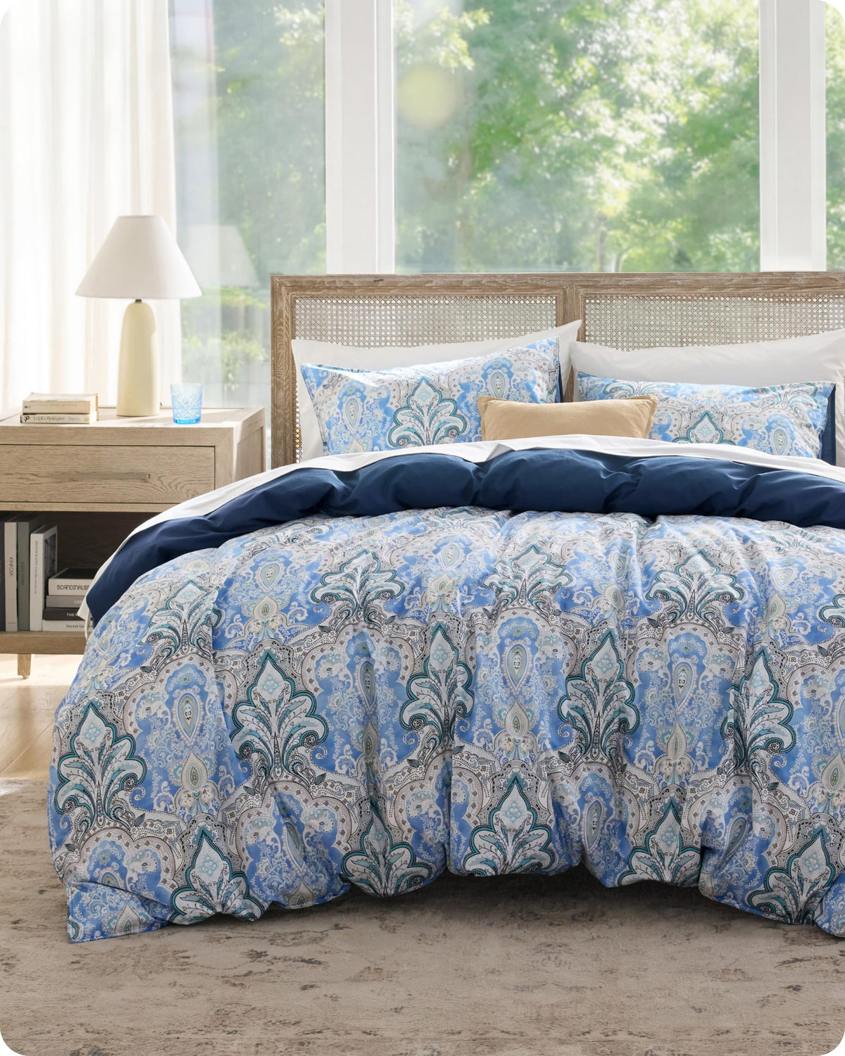 Bedsure Duvet Cover Queen Size - 100% Cotton Reversible Classic Paisley Damask Pattern Duvet Cover Set, 3 Pieces Soft & Breathable PureWoven Bedding Set with 2 Pillow Shams (Blue Paisley 90"x90")