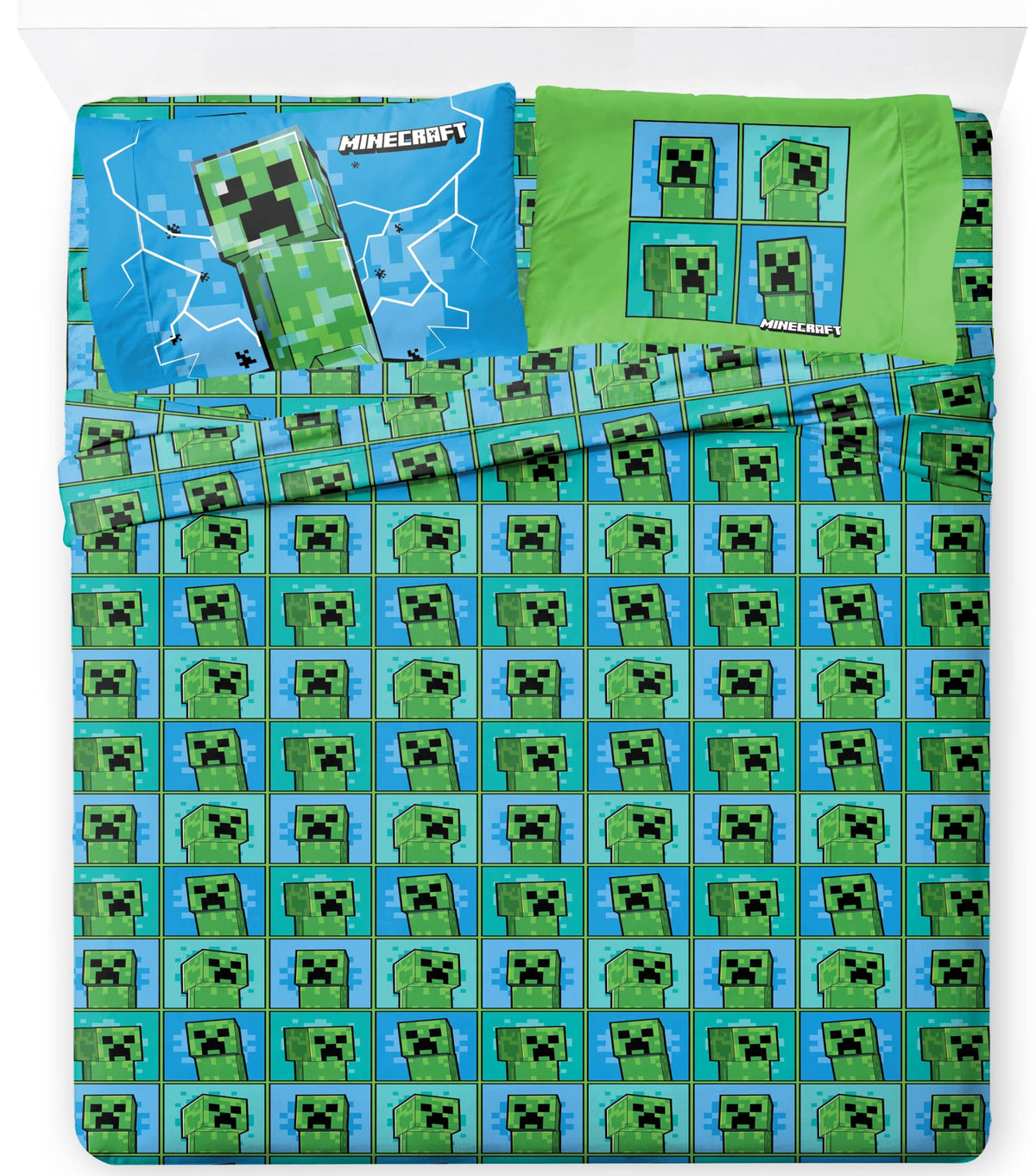 Jay Franco Kids Sheet Set with Fitted, Flat Sheets & Pillow Cover - Ultra-Soft Bedding with Pillowcase for Room Decor, Blue - Minecraft Creeper, 4 Piece Queen