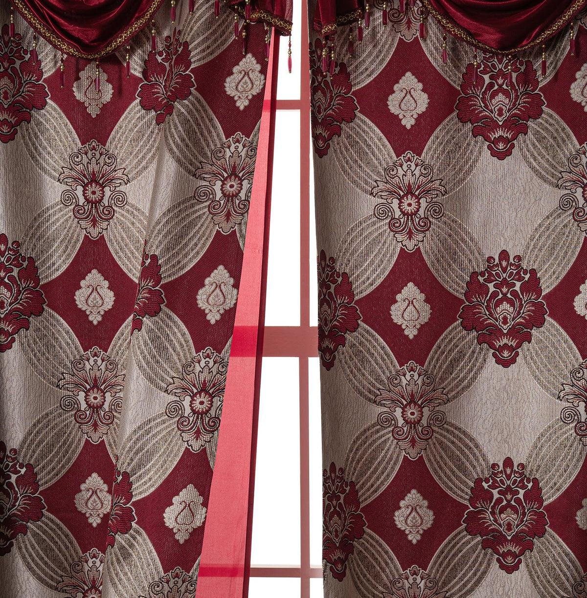 Petrichor Elegant Curtains with Gold Silver Threads 2 Panels Set - Luxury Window Treatment Attached Valance, Sheer Backing, and 2 Tie Backs for Bedroom and Living Room, 54x84 inches, Burgundy