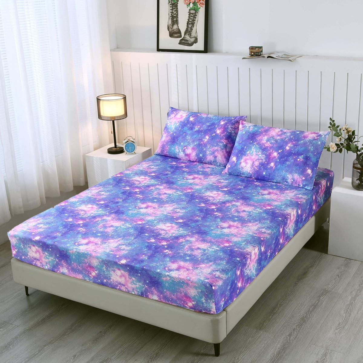 SDIII Colorful Galaxy Fitted Sheet Twin with 2 Pillowcases, Deep Pocket Soft Microfiber Space Bed Sheet Twin Size for Girls Boys Kids and Teens