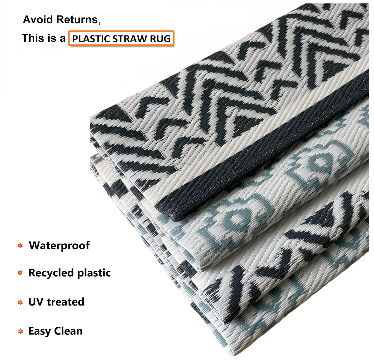 BalajeesUSA Outdoor Rug - 9x18 Grey, Teal, Reversible Recycled Plastic Straw Outdoor Patio Rugs Clearance Waterproof Large RV Camper Mats 7087