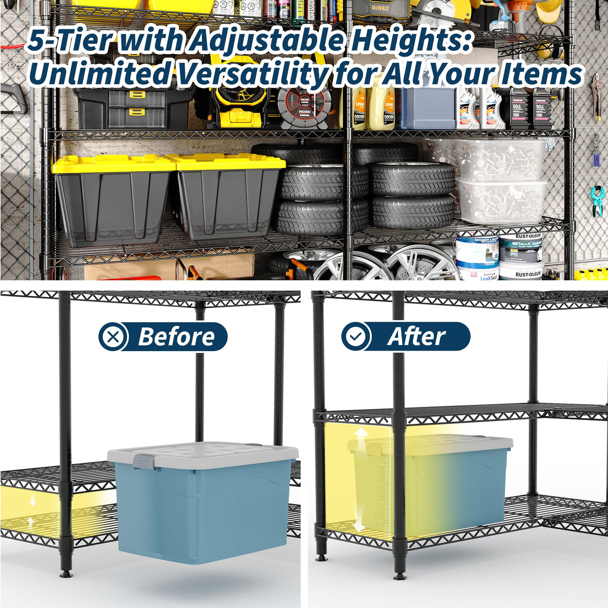 MilleLoom 5-Tier Metal Storage Shelves, Heavy Duty Wire Rack Shelving Unit for Garage Kitchen Storage, 15.7"D x 71"W x 70.5"H Adjustable Shelf for Basement & Pantry Room Organization, Easy Assembly
