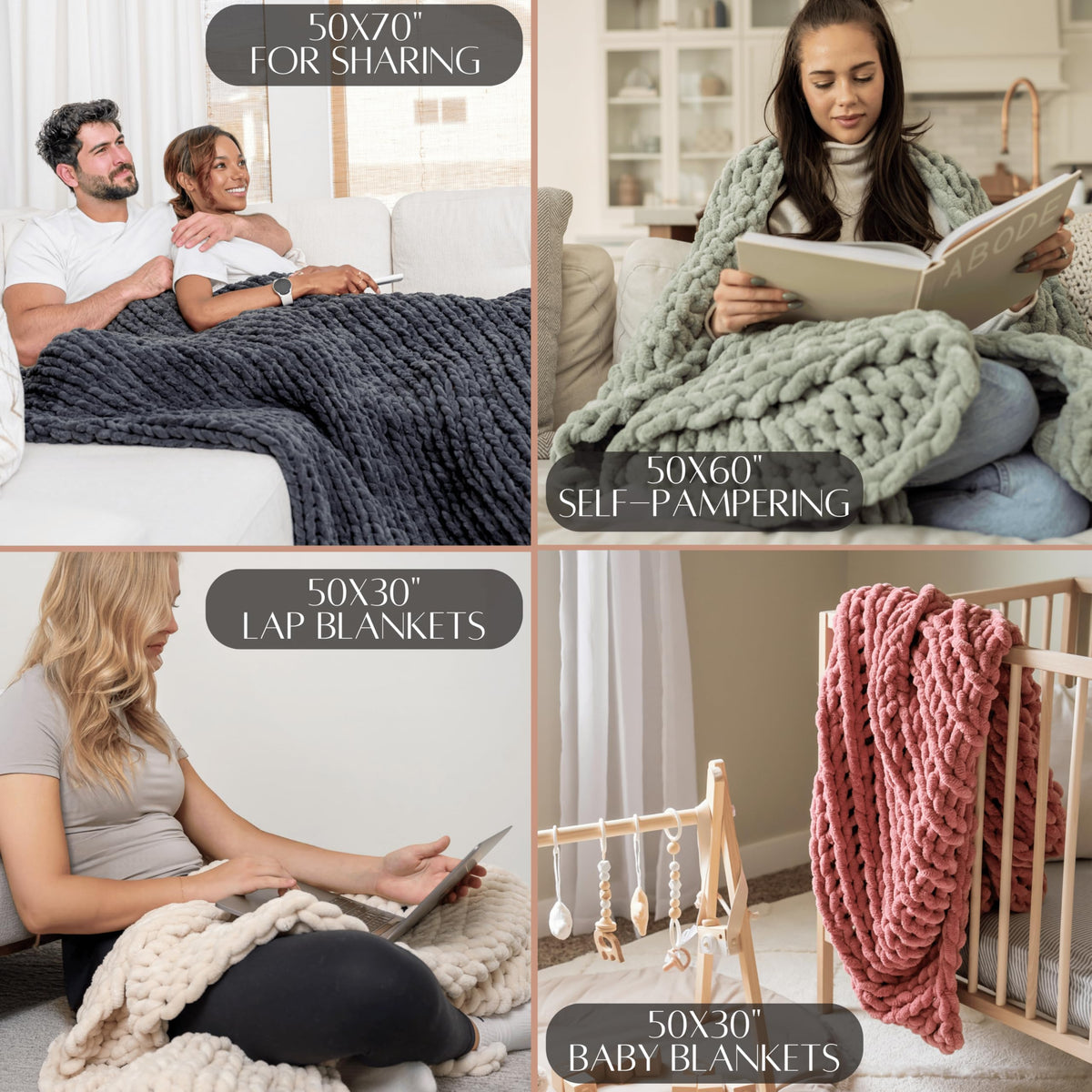 SAMIAH LUXE Chunky Knit Throw Blanket 50x60, Graphite Gray Chenille Throw Blanket for Couch Bed Sofa, Soft Fluffy Cable Knit Blanket, Oeko-TEX Certified, Machine Washable
