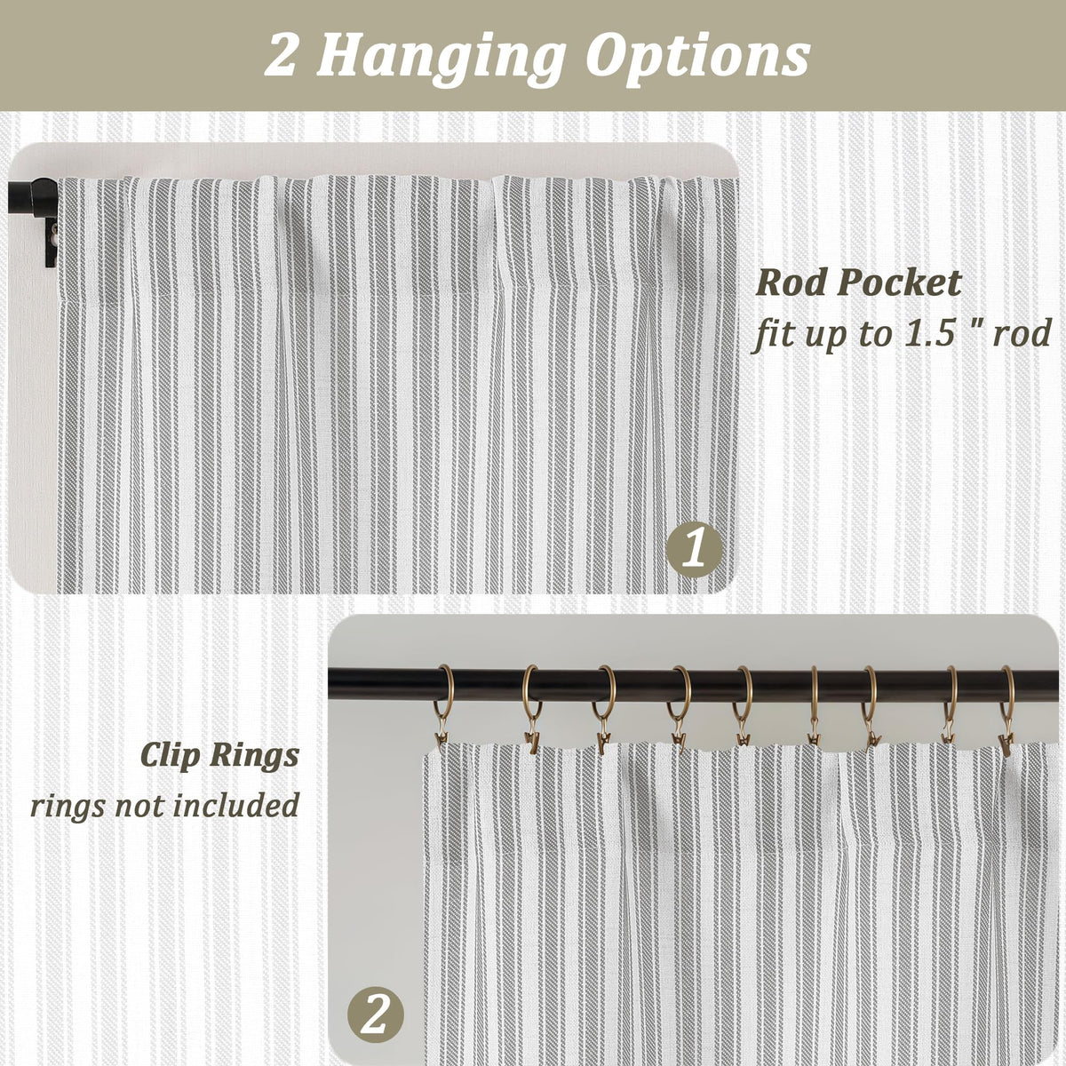 Chyhomenyc Striped Boho Curtains 24 Inch Length - Light Filtering Faux Linen Half Window Cafe Curtains, Farmhouse Short Curtain Tiers for Bathroom RV Camper, 30Wx24L, 2 Pieces, Grey
