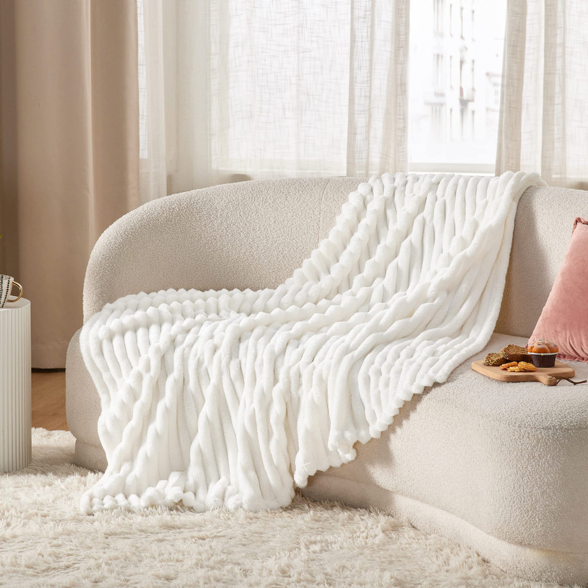 Bedsure White Fleece Throw Blanket for Couch Light Brown Fleece Blanket for Couch
