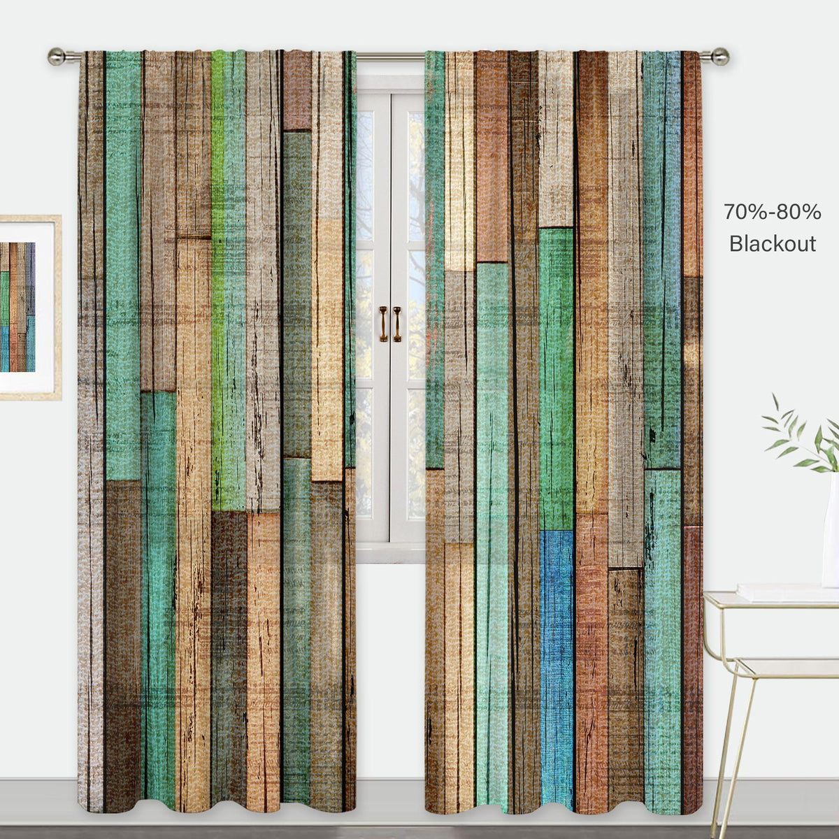 MESHELLY Farmhouse Teal Grey Barn Door Curtains 52Wx84H Inch Rod Pocket Rustic Wood Western Vintage Rural Green Wooden Plank Cabin Bedroom Window Drapes Country Printed Living Room Window Treatment