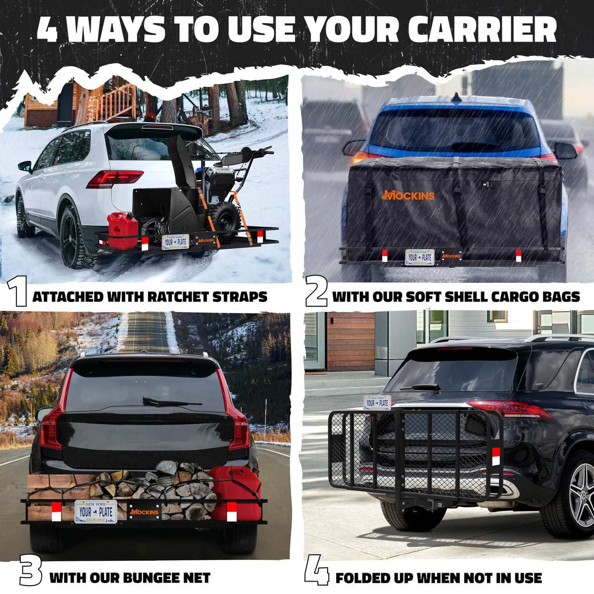Mockins Folding Luggage Rack for SUV Car Truck ATV & More | 500 lb. Capacity Steel Trailer Hitch Cargo Carrier 60"x20"x6" w/ 16 Cu Ft Waterproof Cargo Bag for Hitch Carrier & Cargo Trailer Accessories