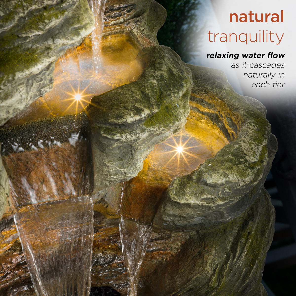 Alpine Corporation WIN1092 Outdoor Multitiered Rock Waterfall Floor Fountain with Warm White LED Lights, 51" Tall, Brown