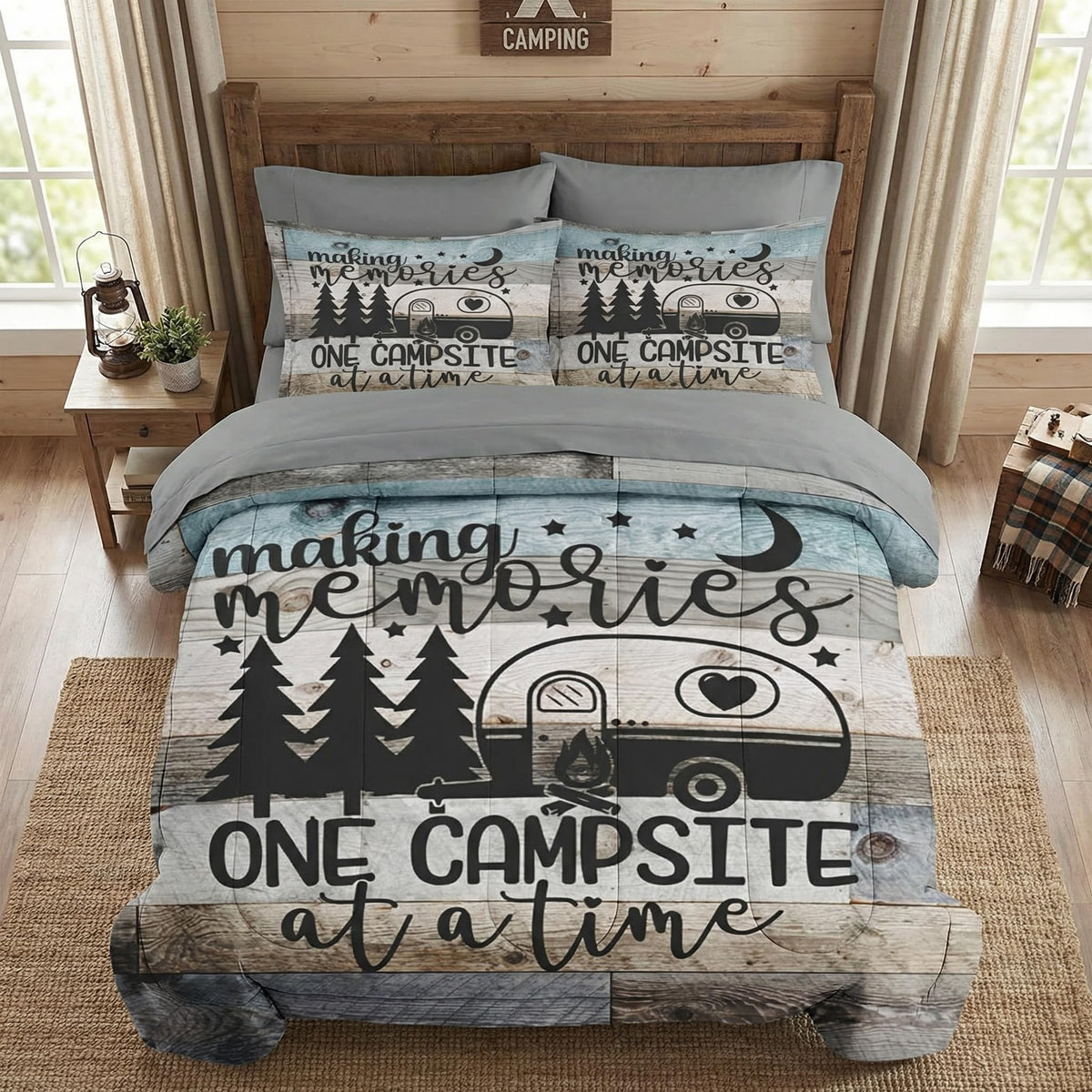 WeCozy 7 Pcs Full Size Comforter Set with 2 Pillowcases & 2 Shams, Inspirational Motivational Bedding Set for Kids and Adults, Retro Wood Camp Camper Bed in a Bag with Flat Sheet and Fitted Sheet