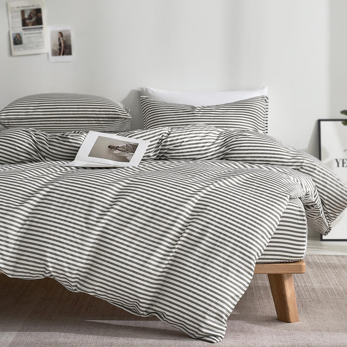 JELLYMONI 100% Natural Cotton 3pcs Striped Duvet Cover Sets,White Duvet Cover with Grey Stripes Pattern Printed Comforter Cover,with Zipper Closure & Corner Ties(Queen Size)