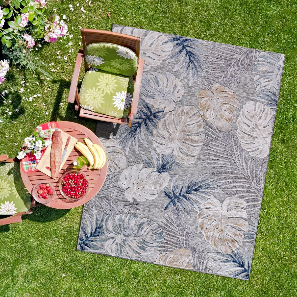 CAMILSON Indoor Outdoor Rug, Blue 7’10”x10’ Leaf Tropical Botanical Area Rugs for Indoor and Outdoor patios, Easy-Cleaning Non-Shedding Living Room, Garden and Kitchen Washable Outside Carpet (8x10)