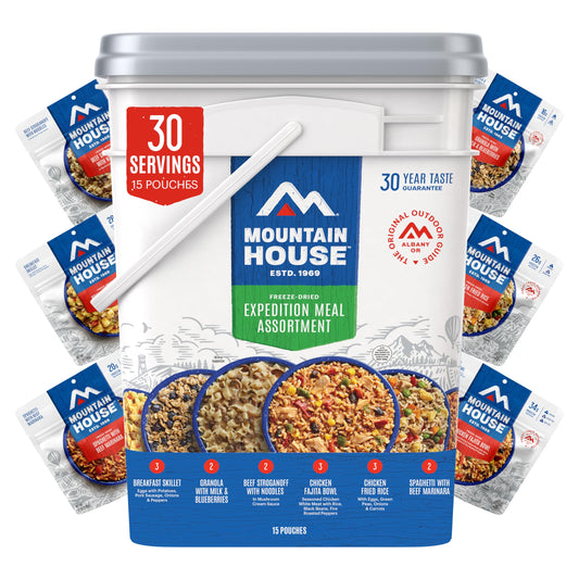 Mountain House Expedition Meal Assortment Bucket Freeze Dried Backpacking & Camping Food 30 Servings