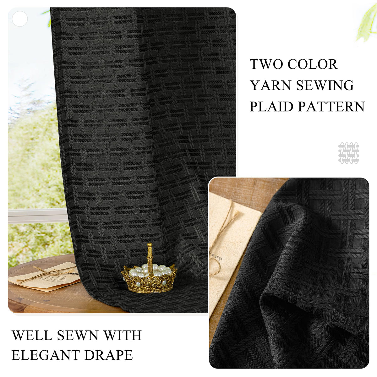 ChrisDowa Semi Sheer Linen Black Curtains 84 Inches Long 2 Panels for Living Room Dining Room Plaid Patterned Light Filtering Voile Grommet Window Treatments Drapes Privacy Assured,52X84