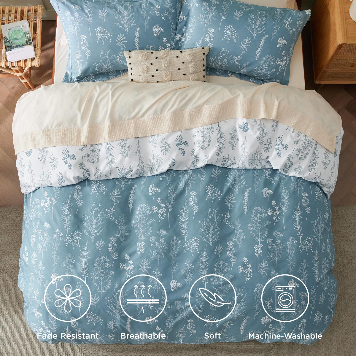 Bedsure Duvet Cover King Size - Reversible Mineral Blue King Duvet Cover Set with Zipper Closure, 3 Pieces Floral Patterned Bedding Set with 8 Corner Ties and 2 Pillow Shams