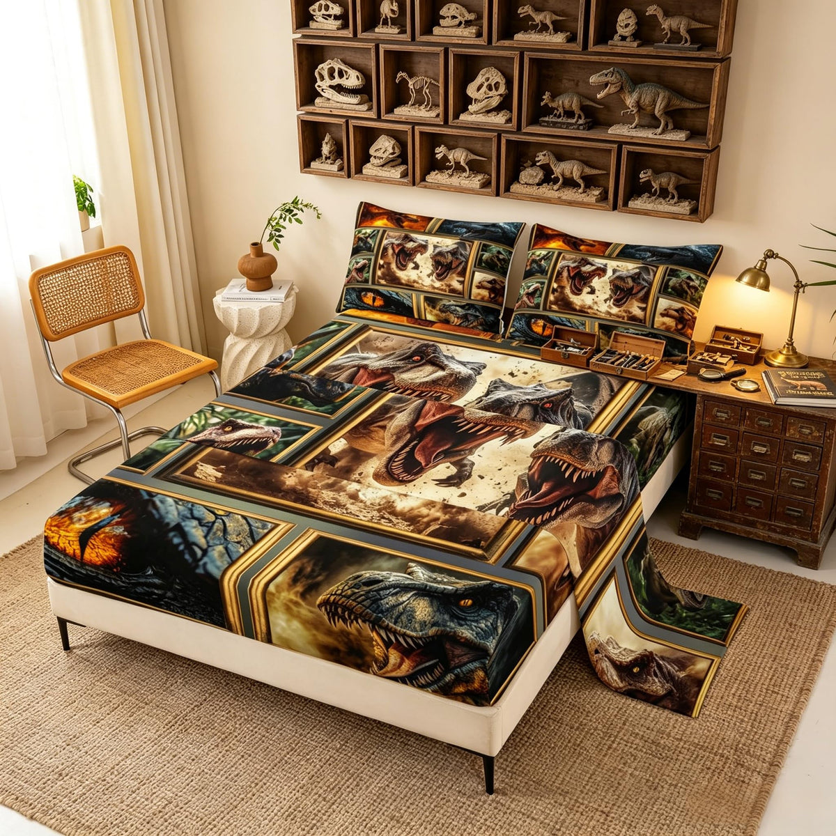 Feelyou Dinosaur Bed Sheets Sets Twin Size Kids Boys Girls 3D Digital Print Bedding Set Jungle Dino Bed Sheet Set with 16-Inch Deep Pockets Blue Orange White Yellow 3Pcs with 1 Pillow Cases Wildlife