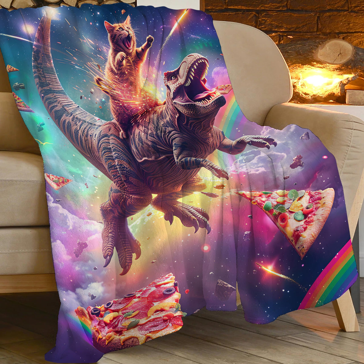 Cat and Dinosaur Blanket Rainbow Pizza Dino Cat Throw Blanket Gifts for Adults Men Women Boys Girls Kids Super Soft Cozy Plush Fluffy Fuzzy Fleece Blanket Decor 50''X60''