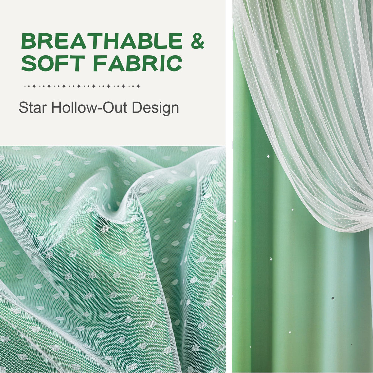 MYSKY HOME Kids Green Blackout Curtains for Boys Bedroom Decor Living Room, Hollow-Out Stars Thermal Insulated Grommet Ombre Curtain for Nursery Room, W34 X L90 Inches Long, 2 Panels