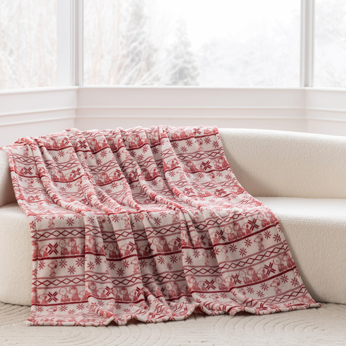 Berkshire Peanuts® VelvetLoft® Cute Character Snoopy Plush Throw Blanket,Cozy Fairisle Crimson Neutral,Throw 55 in x 70 in (Official Peanuts® Product)