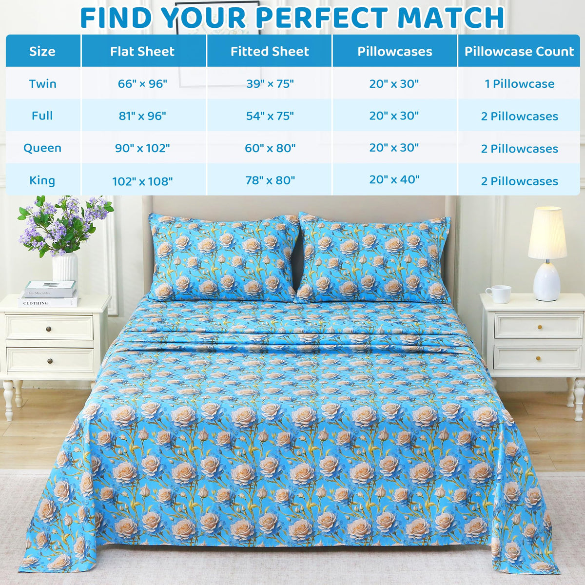 Mooreeke Cozy Floral Microfiber Printed Twin Sheet Set - Soft & Breathable 3D Rose Bed Sheets with Deep Pocket - Non-Slip Fitted Design - Blue White Rose Pattern - Full