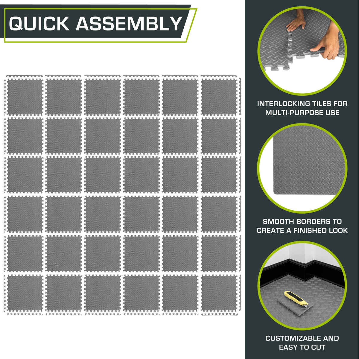 ProsourceFit Exercise Puzzle Mat ½-inch, EVA Interlocking Foam Floor Tiles for Home Gym, Workout Equipment, Kids Play Areas, Grey, 144 SQ FT - 36 Tiles
