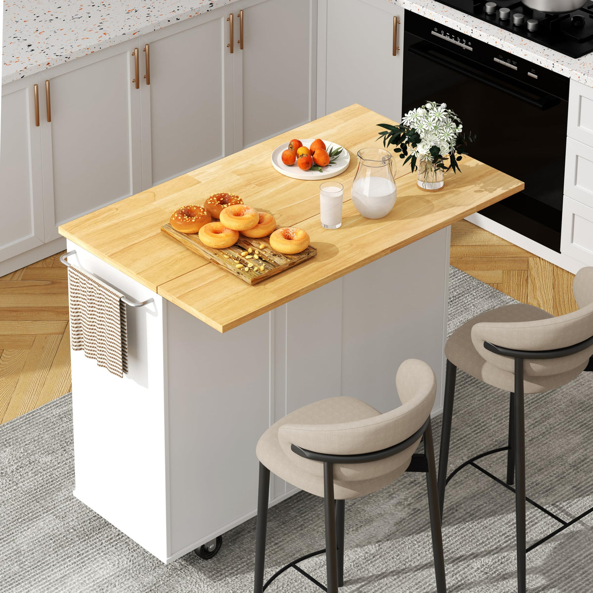 Shintenchi Kitchen Island with Folding Drop Leaf, Rolling Island Table with Storage, Kitchen Cabinet on Wheels with Seating Area for Kitchen, Bar Cart with Cabinet, White