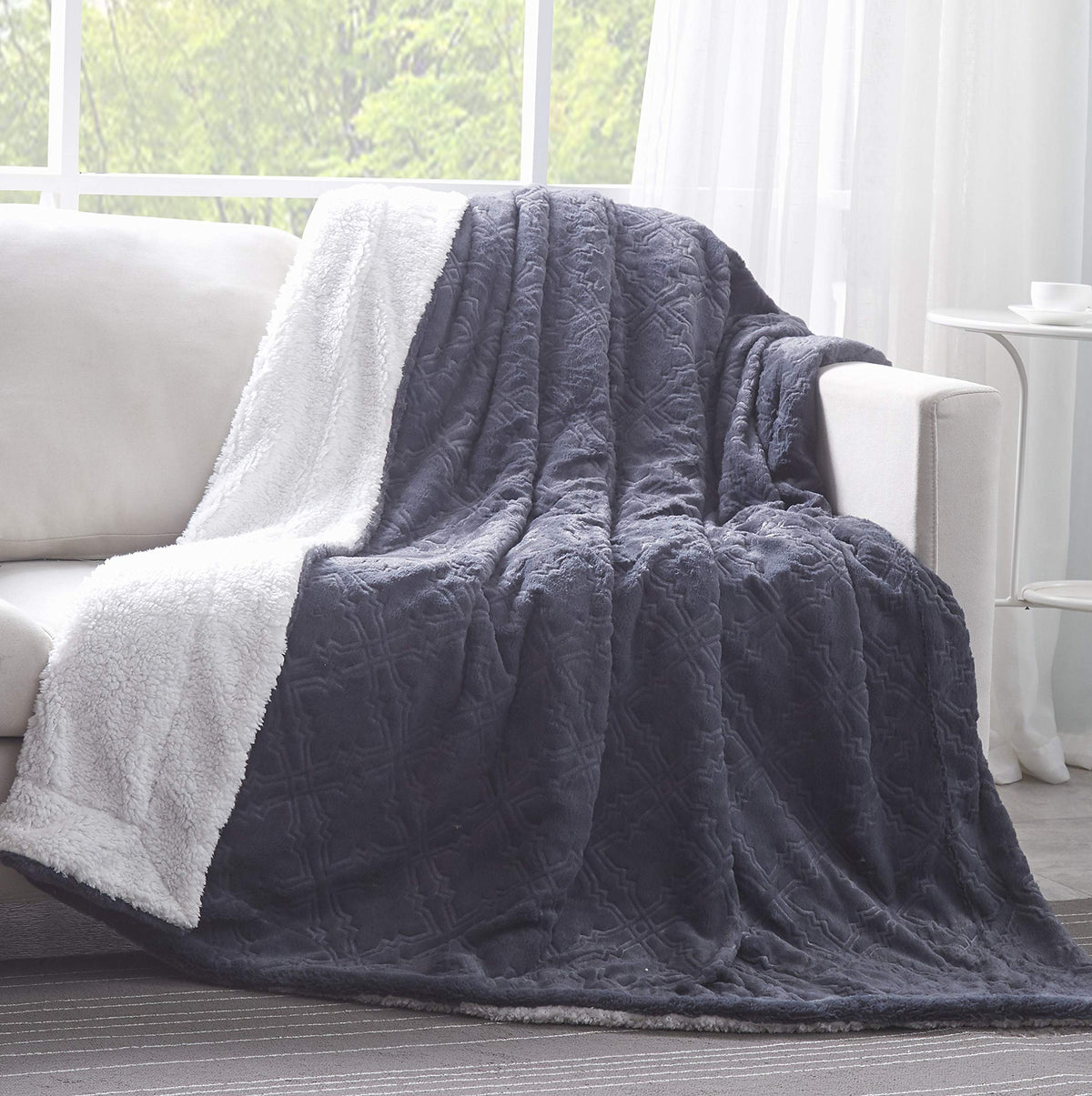 Tache Faux Fur Sherpa Blanket Set - 50x60 Blush Light Dusty Rose Gold Pink & Dark Slate Navy Blue with Diamond Trellis Pattern Super Soft, Warm, and Fluffy Throws