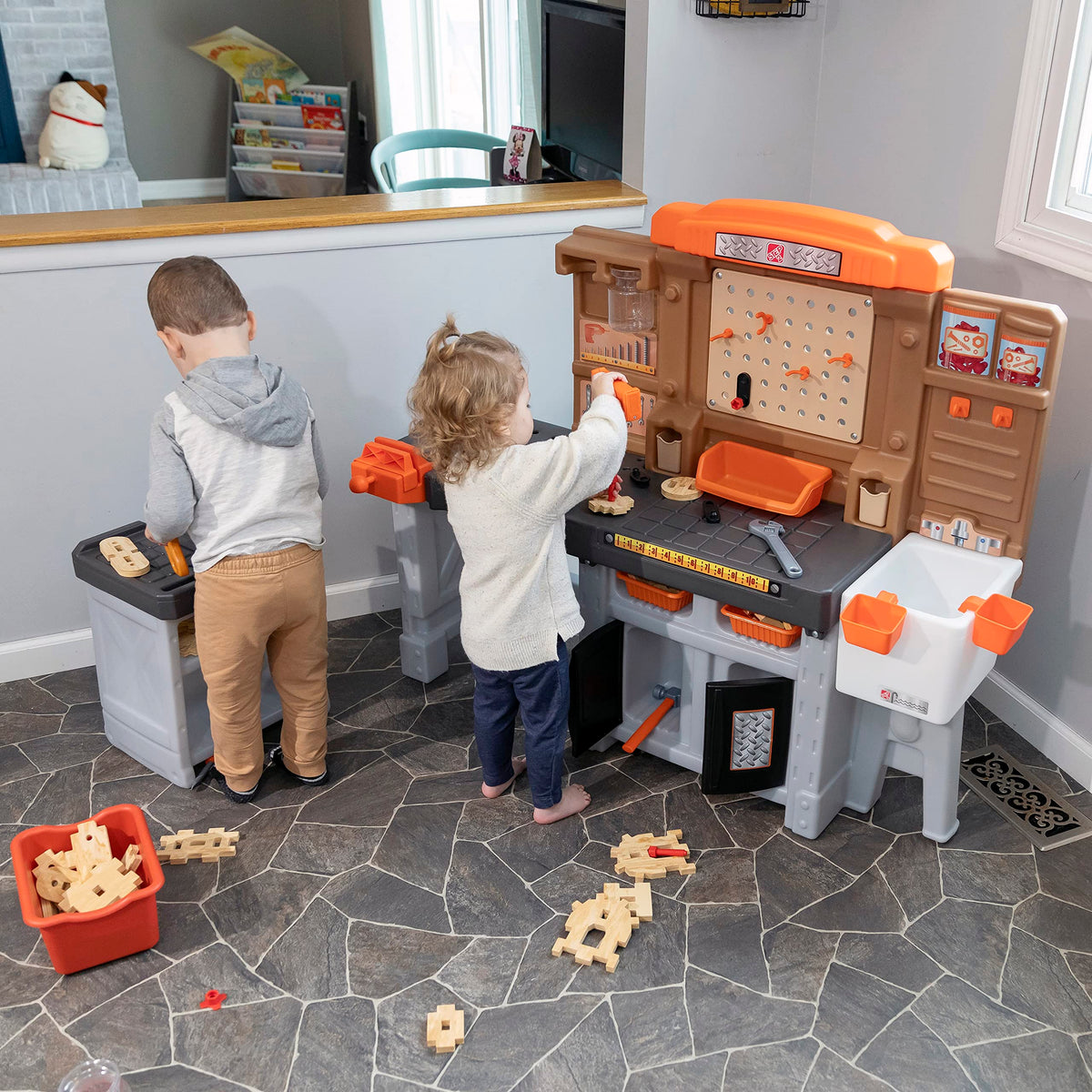 Step2 Pro Play Kids Workshop with Utility Bench, Indoor/Outdoor Tool Bench for Children, Interactive Play with Sounds, Made of Durable Plastic, Includes 76 Piece Toy Accessories, Toddlers 3+ Years Old