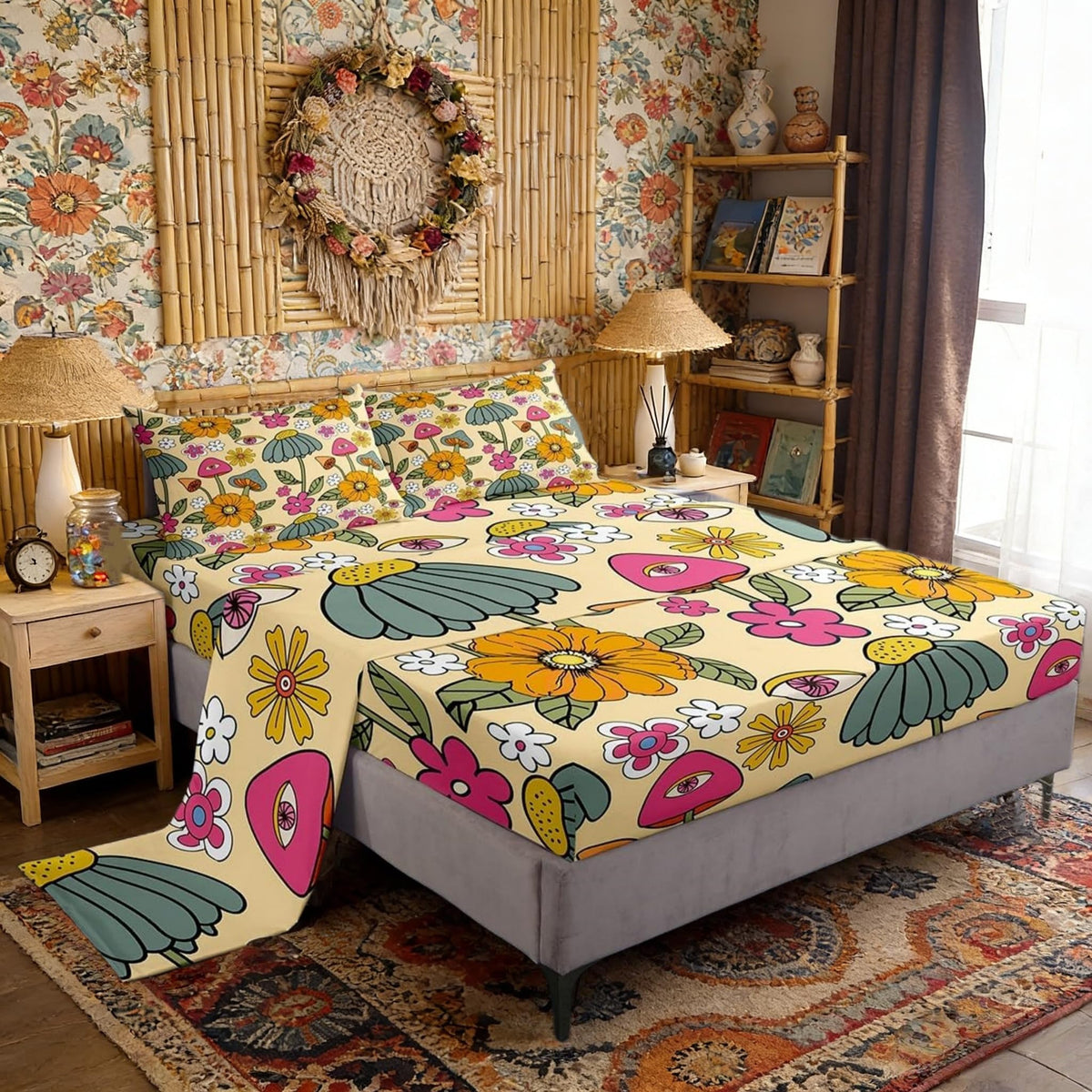 70s Retro Floral Bed Sheet Set Twin Size,Hippie Flowers Leaves Bedding Decor Set with 1 Flat & 1 Fitted Sheet Cartoon Eyes Mushroom with 1 Pillow Sham for Kids Boys Bedroom Decor