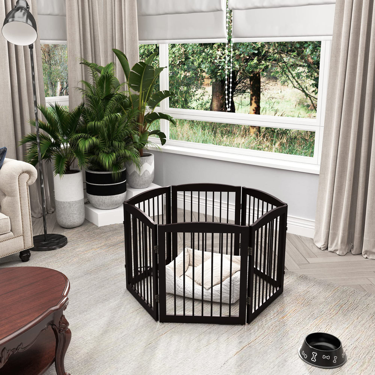PUPETPO Freestanding Pet Gate for Dogs, Foldable Wooden Dog Gate for House, Extra Wide Indoor Pet Barrier for Stair, Doorway, Hall, Support Feet Included, 120 Inch Wide, 6 Panels 24", Brown