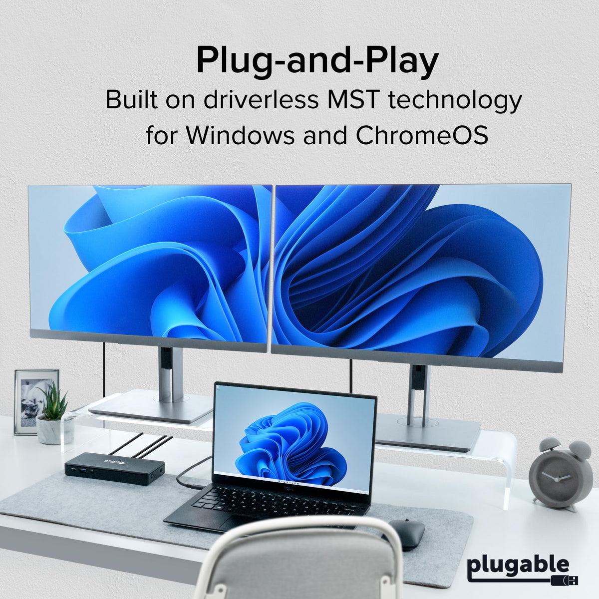 Plugable USB-C Docking Station Dual 4K 60Hz HDMI, 65W Charging, Gigabit Ethernet, 1x USB-C 5Gbps, 3X USB-A, Audio, Windows/ChromeOS, USB-C/USB4/Thunderbolt, Driverless (UD-MSTH2)