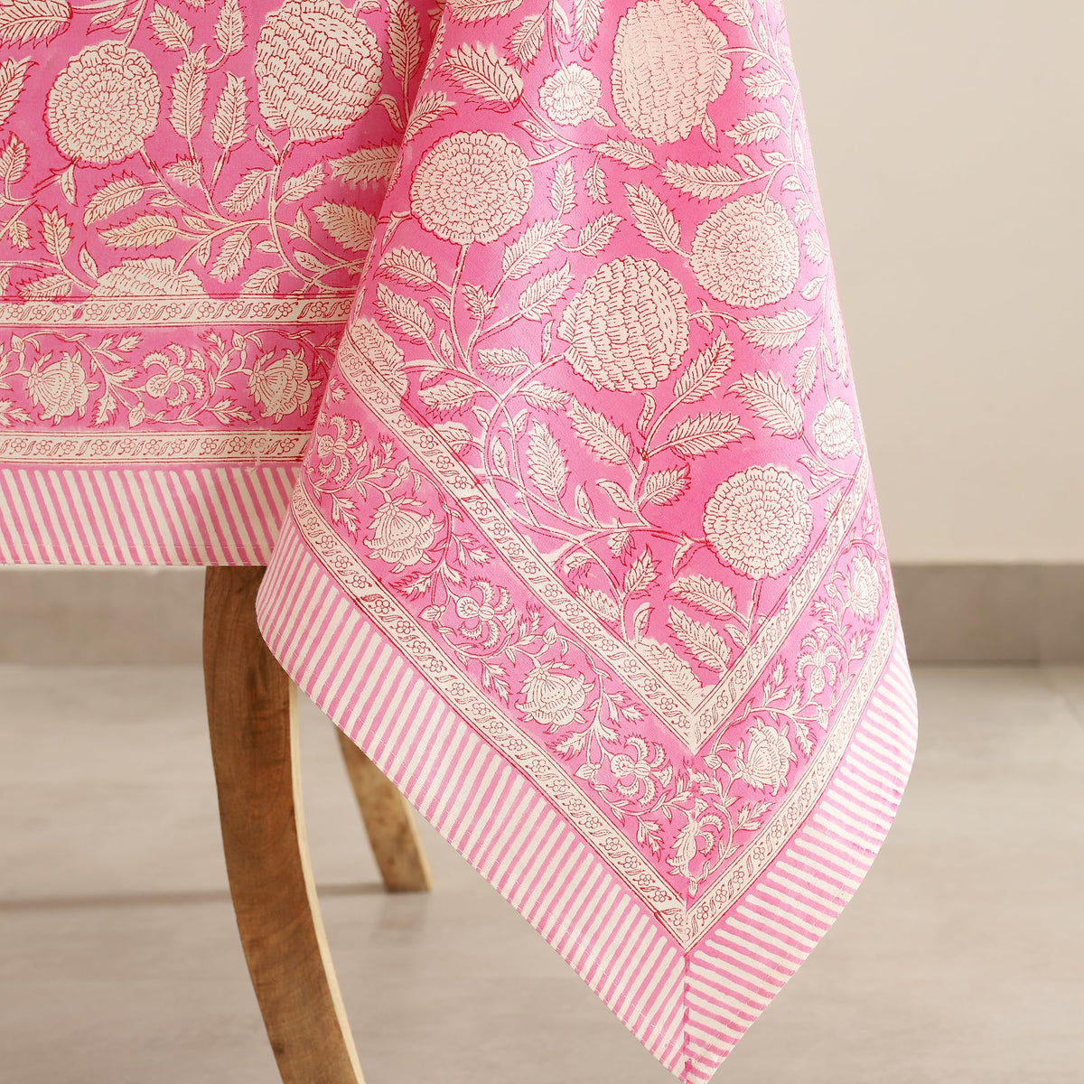 Labhanshi Indian Handblock Print Pre-Washed Cotton Floral 60x90 Inch Rectangle 6-Seater Tablecloth|Rustic Farmhouse Decorative Party Event Wedding Mother's Day Festive Holiday Decor|Hot Pink