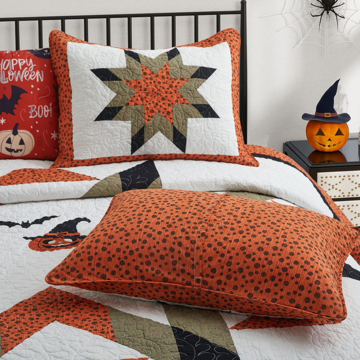 NELIFDER Halloween Quilt Queen Size Bedding Set 100% Cotton Embroidery Bats Pumpkin Festival Pattern Bedspread Real Patchwork Star 3 Peice Coverlet with 2 Pillow Shams 90"x90"