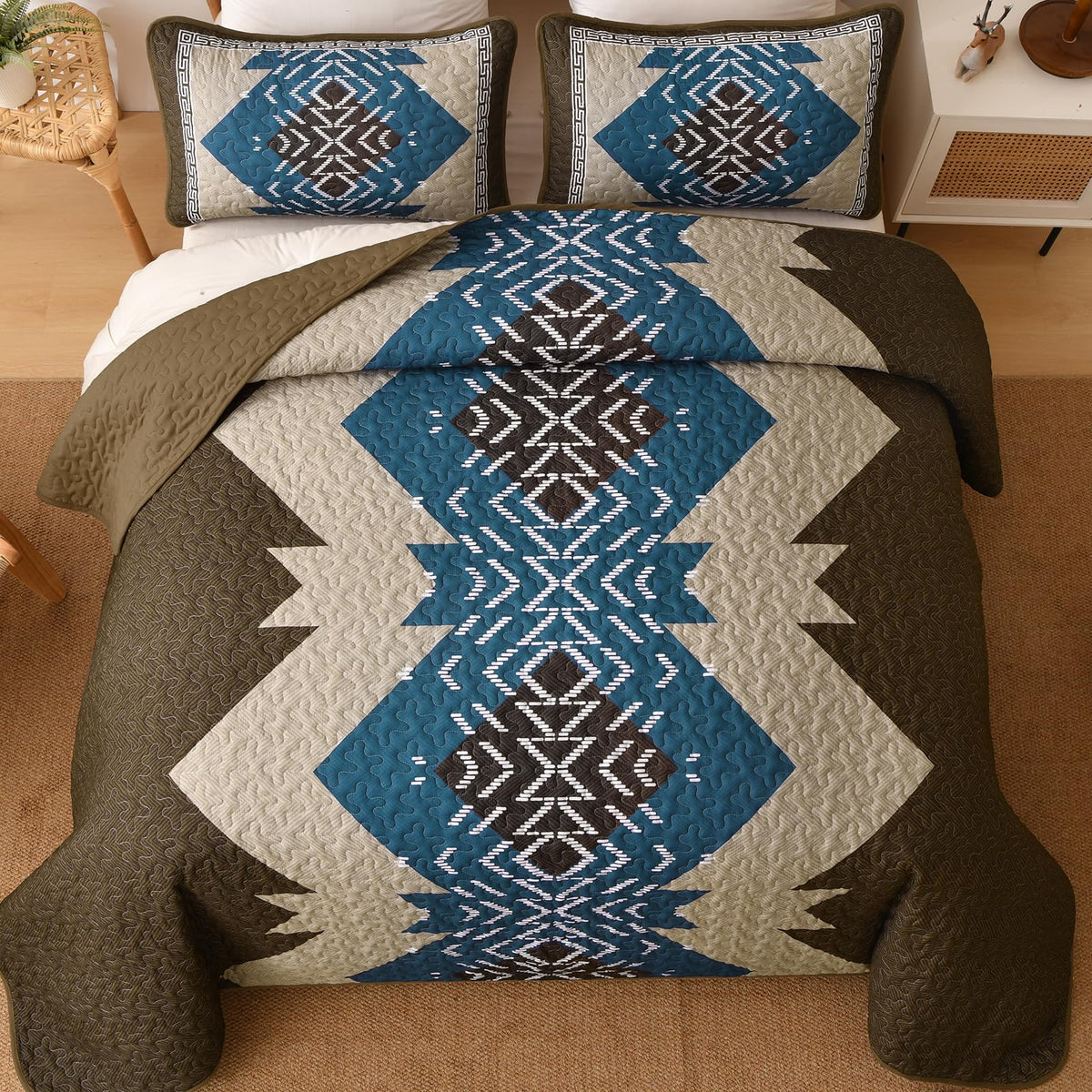 Dintszyayue Boho Quilt Set King Size, Brown Aztec Texture Bedspread Set, 3 Pieces Texture Southwestern Bedding Set, Soft Lightweight Coverlet Set for All Season Bedding with 2 Pillowcases