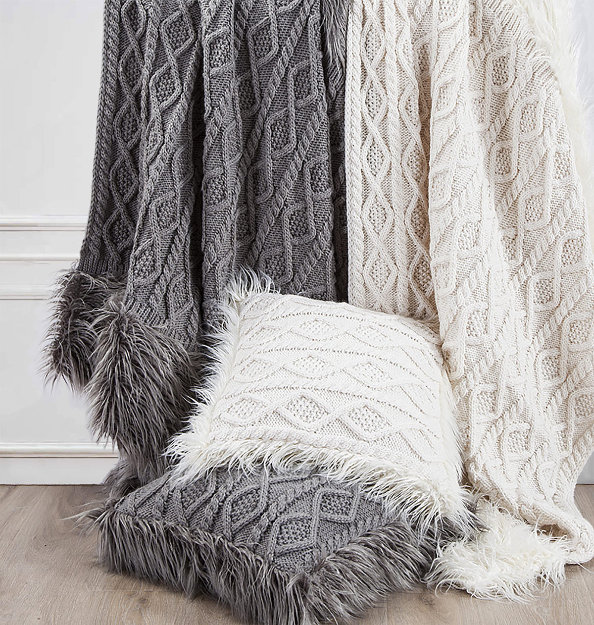 HiEnd Accents Nordic Cable Knit and Faux Mongolian Fur Wool Throw, 50x80 inch, Gray Solid Color, Sweater Style, Diamond Pattern, Soft Cozy Warm Luxury Blanket