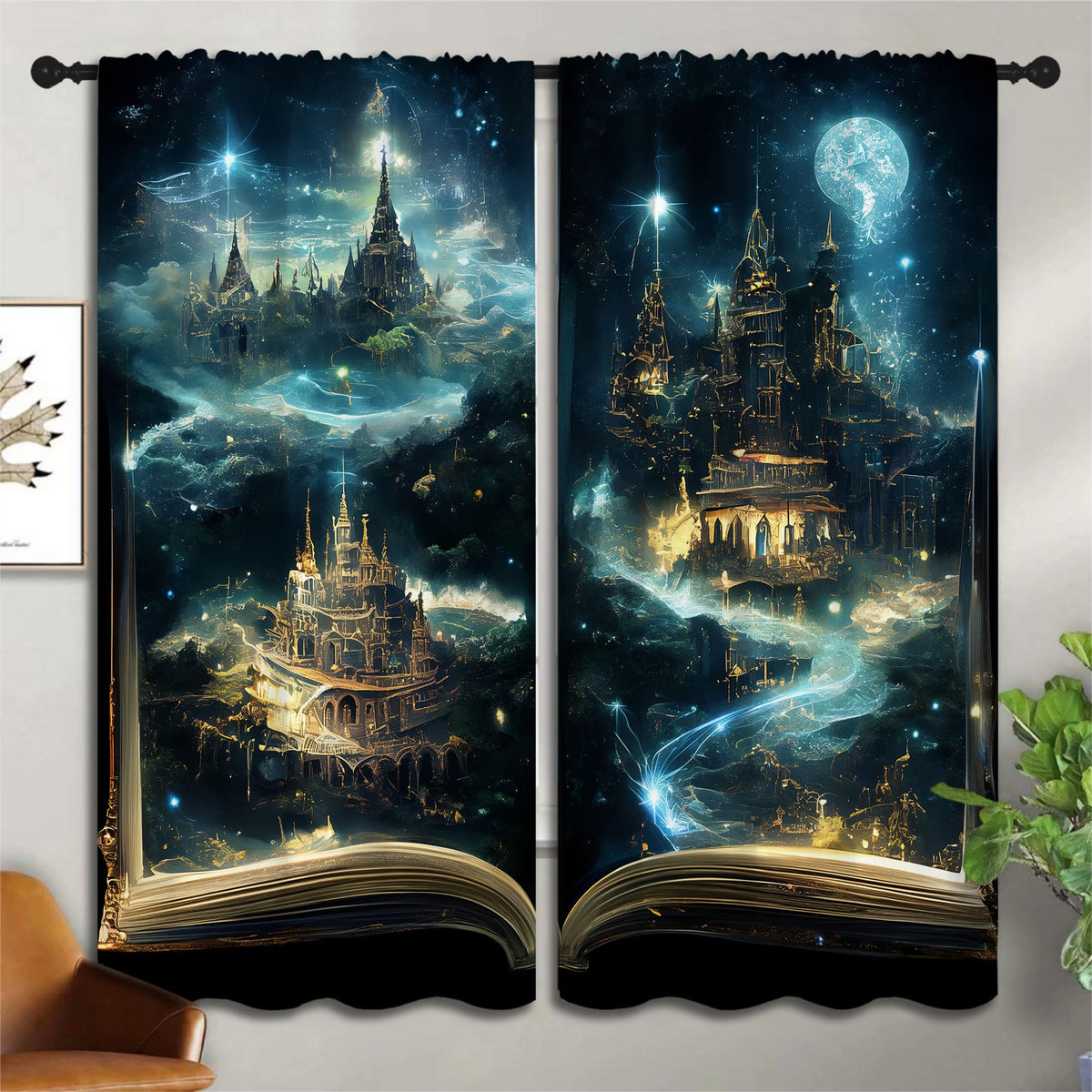LHROOMJK Magic Book Blackout Curtains for Boys Girl Bedroom Decor,Psychedelic Castle Medieval Building Thermal Insulated Rod Pocket Drapes Darkening Window Curtain for Living Room Home 55x63 inch