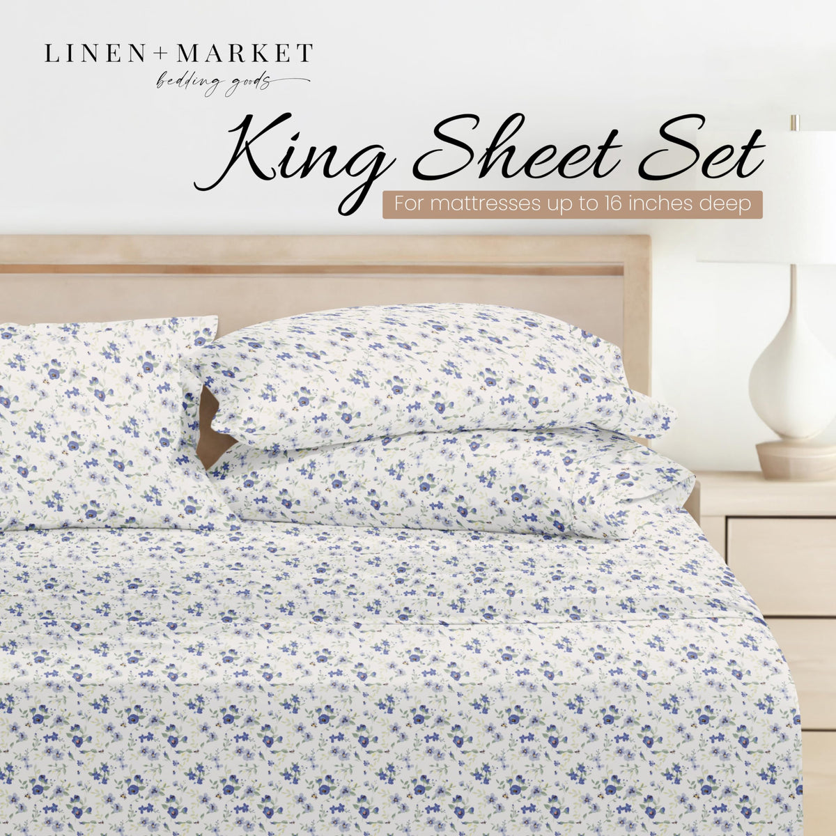 Linen Market 4 Piece King Sheet Set - Breathable, Double-Brushed Patterned Cooling Sheets – Oeko-TEX Certified Ultra Soft & Wrinkle-Free 16" Deep-Pocket King Sheets - Easy Care Blossoms Light Blue