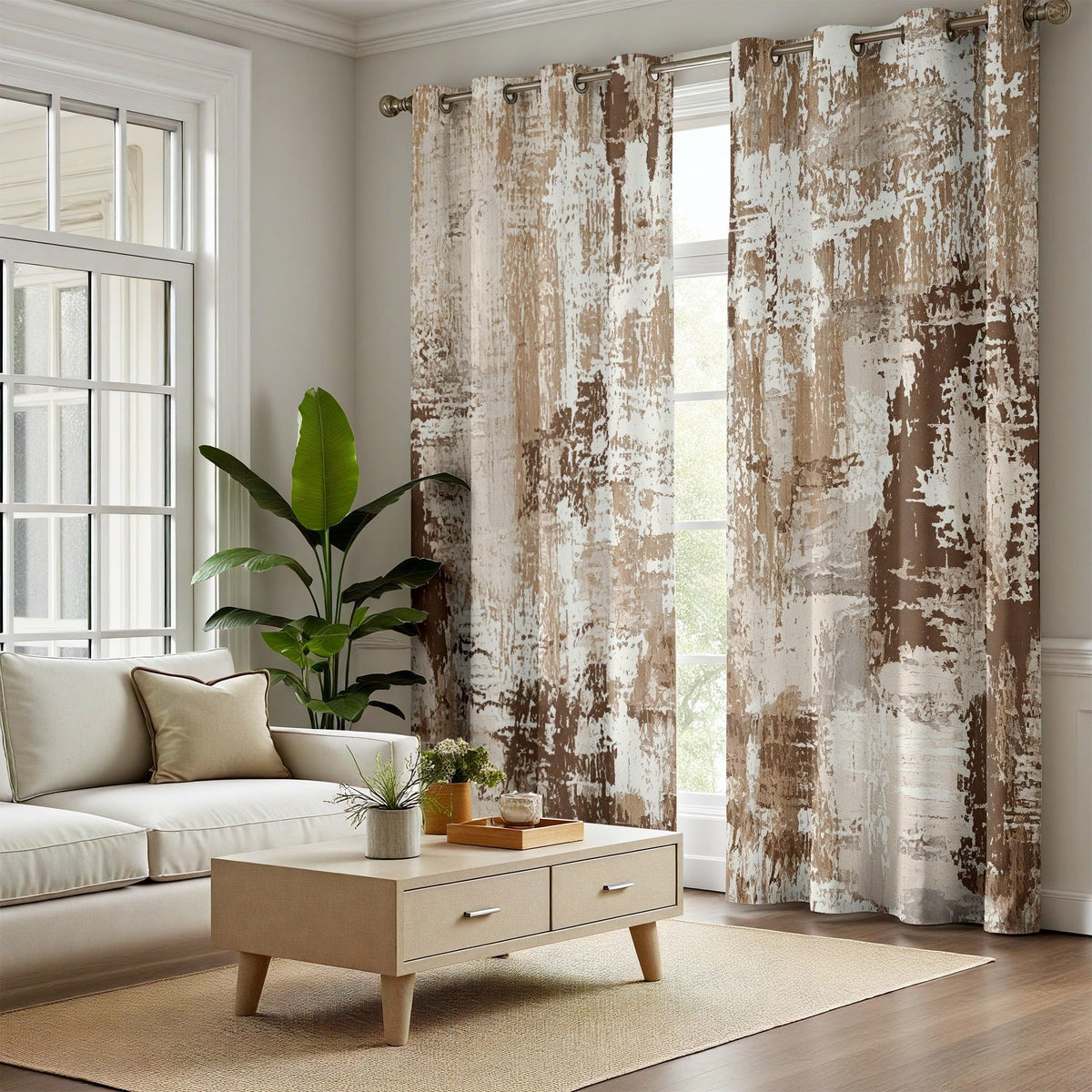 Rufxnn Abstract Curtains, Modern Distressed Curtain Blackout, Contemporary Neutral Curtains 63 Inch Length, Minimalist Brown Drapes for Living Room Bedroom, Grommet Room Darkening Curtain 2 Panel Set