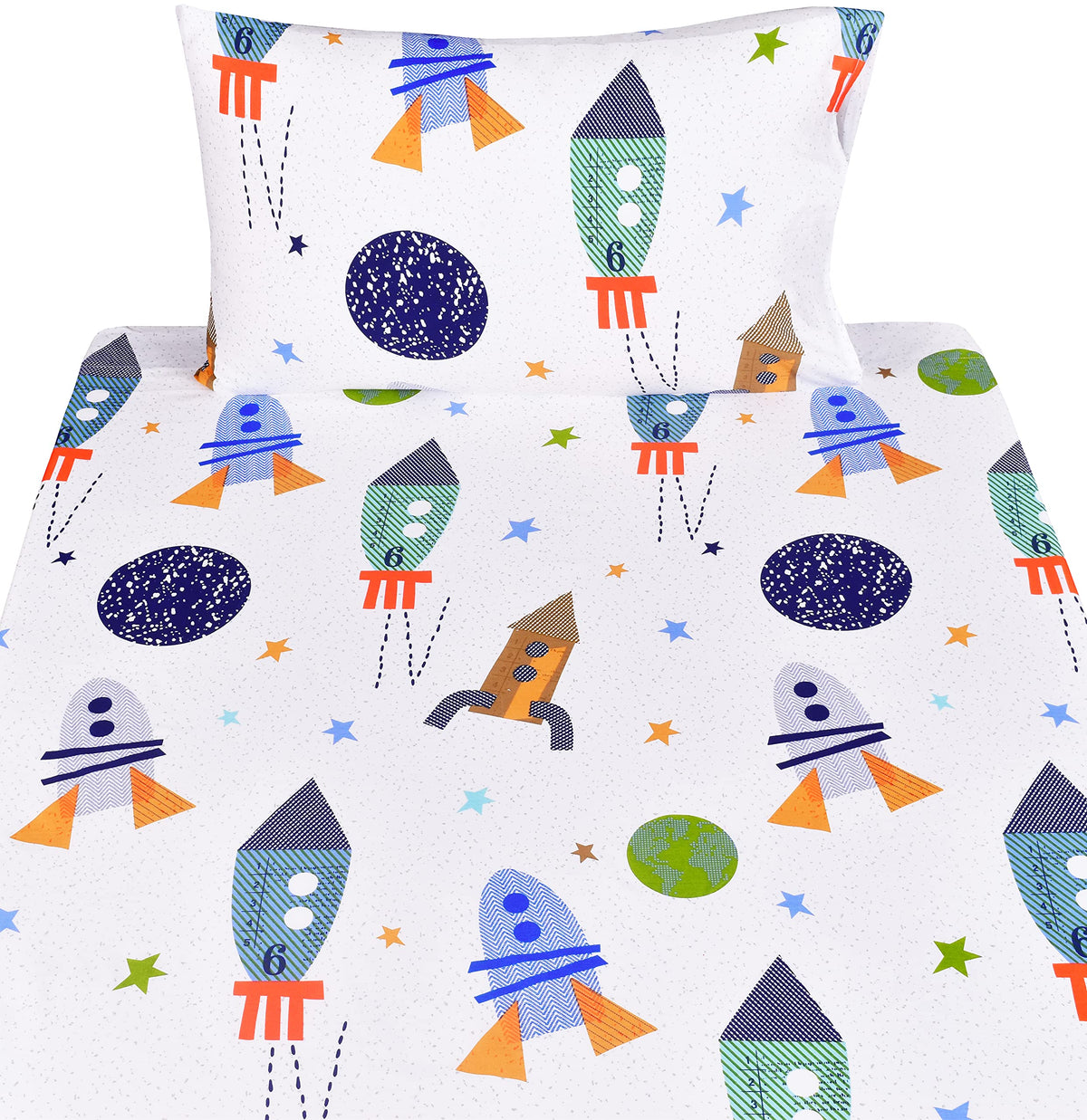 Scientific Sleep Outer Space Airship Rocket Star Explore Teen Boys Girls Cotton Cotton Twin Bed Sheet Set, Flat Sheet & Fitted Sheet & Pillowcase Bedding Set (Space, Twin)