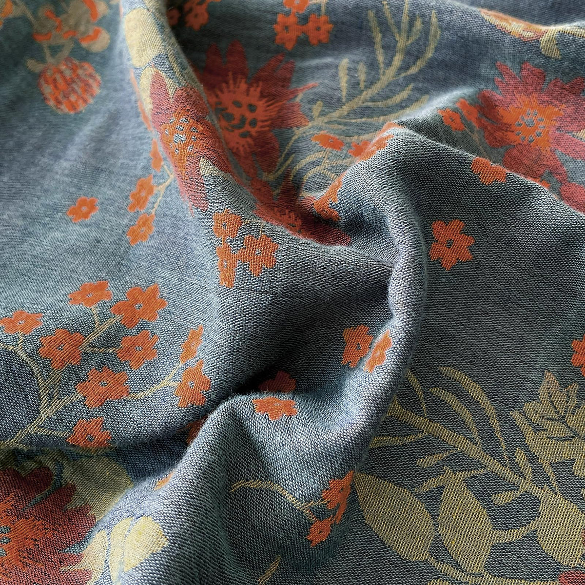 VM VOUGEMARKET Rustic Double Layer Gauze Jacquard Duvet Cover Queen, Dusty Slate Blue with Retro Orange Floral Print, Soft Breathable Boho Comforter Cover with Zipper&Ties
