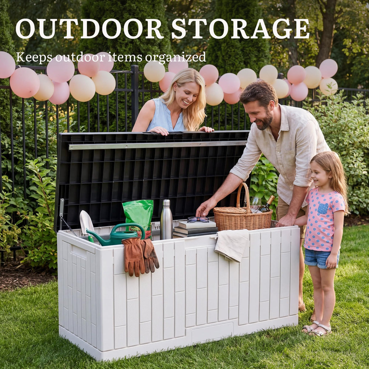 YITAHOME Large Deck Box 120 Gallon Resin Outdoor Storage Box w/Slide-Locking Black Lid, Patio Storage Bin for Outdoor Pillows, Garden Tools and Pool Supplies, Waterproof, Lockable, Grayish-White
