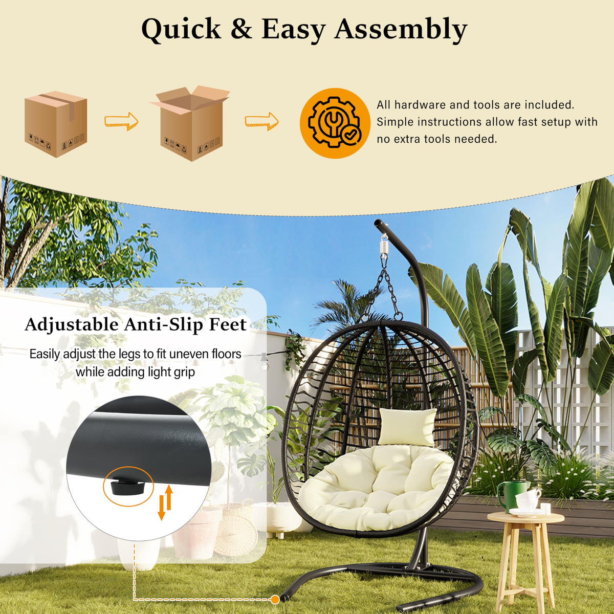 Merax Folding Hanging Egg Chair with Stand, Indoor Outdoor Wicker Hammock Swing Chair with Adjustable Anti-Slip Feet for Balcony, Bedroom, Garden