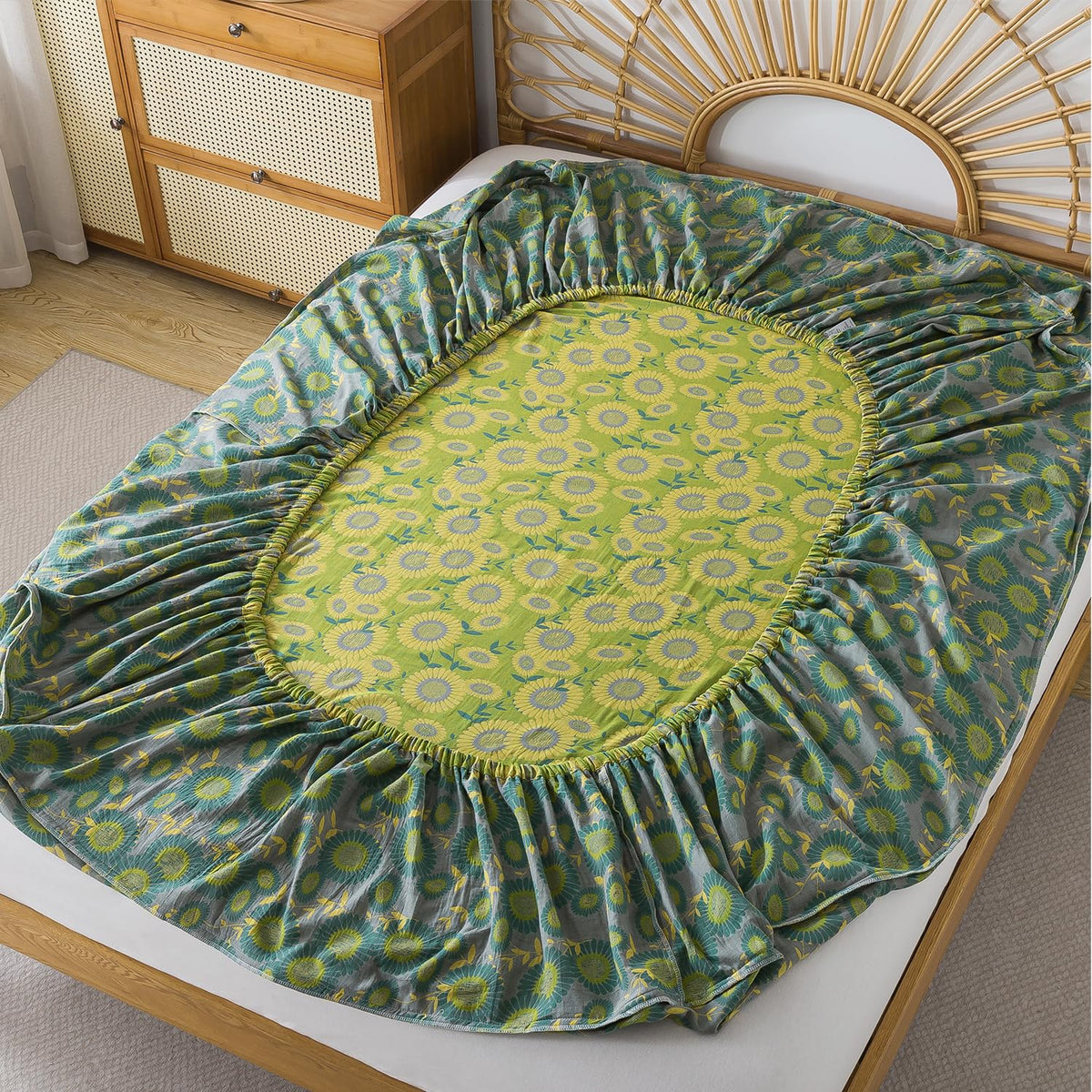 FADFAY Double Gauze 100% Cotton Queen Sheet Set, Soft Floral Sunflower Bedding, Deep Pocket Fitted Sheet, Shabby Vintage Countryside Style Breathable Bed Sheets, 4-Piece