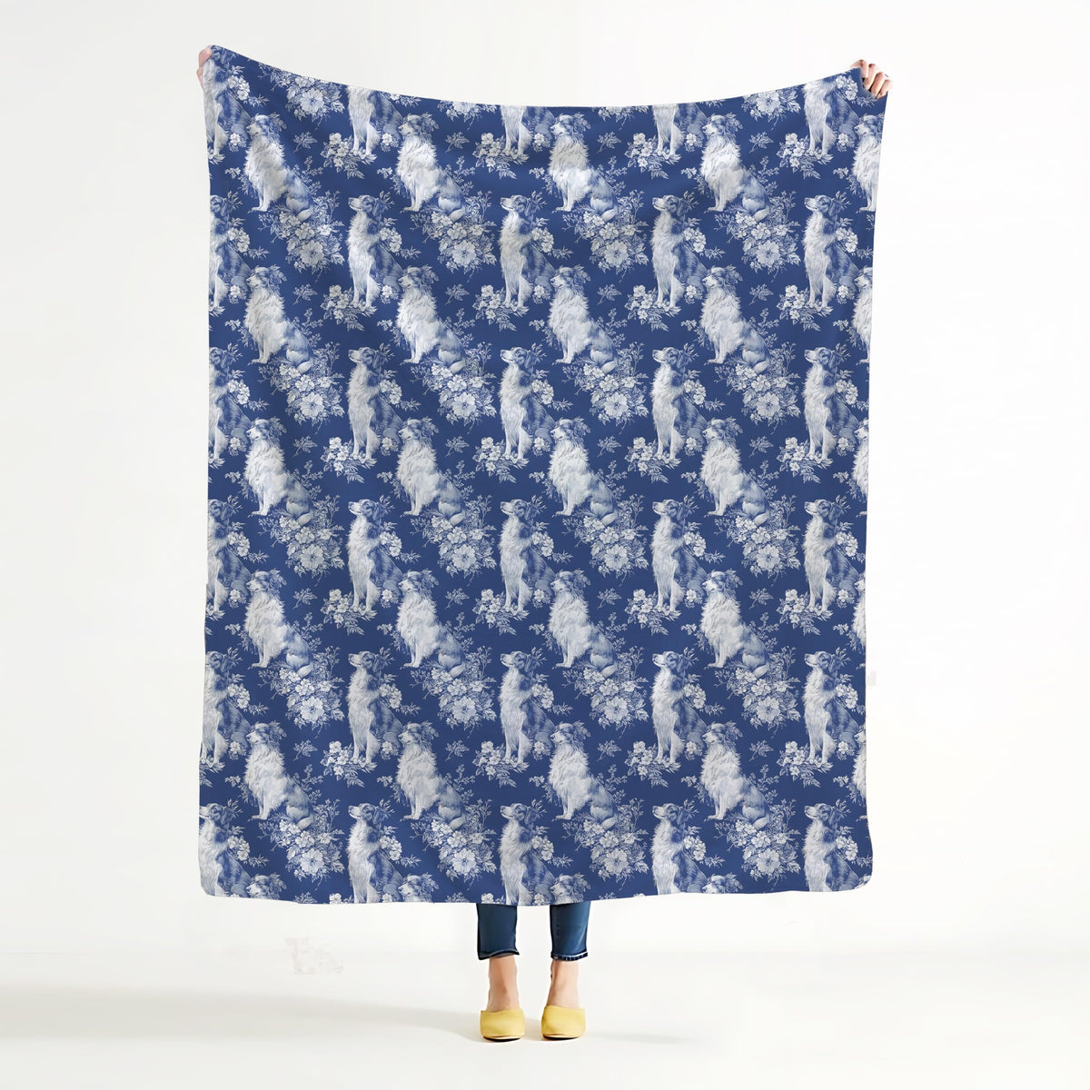 BUJSP Blue Chinoiserie Border Collie Blanket, Border Collie Gifts for Women, Grandmillennial Blue and White French Toile Dog Throw Blanket for Home Bedroom Room Couch Bed Decor, 50x60 Inches