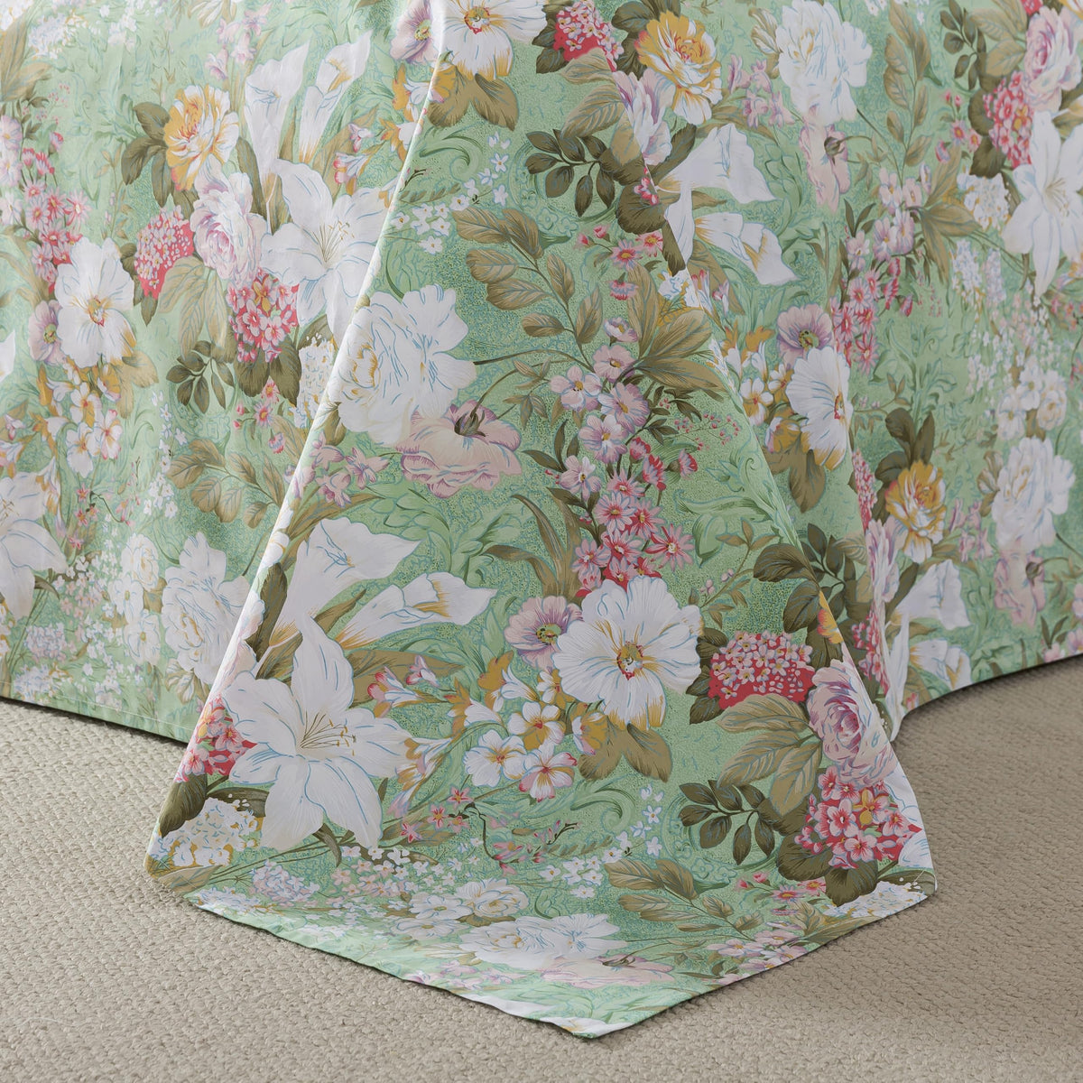 FADFAY Floral Bed Sheets Set Queen Size 100% Cotton Mint Green Botanical Sheet Sets Countryside Bedding Soft Breathable Girls Lily Flower Printed Deep Pocket Sheet 17.5 inch, 4 Pcs Queen